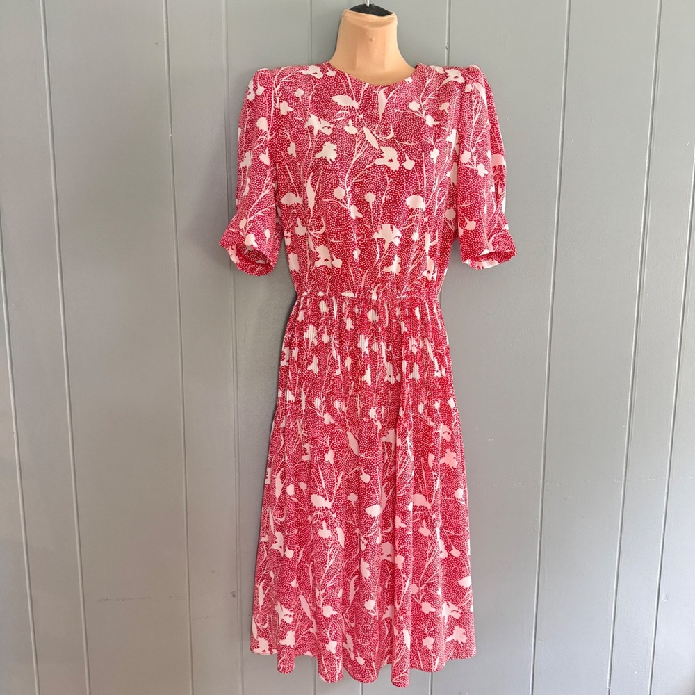 Luci Fellini Vintage 80s Red Botanical Floral Puff Sleeve Midi Dress USA Size 12